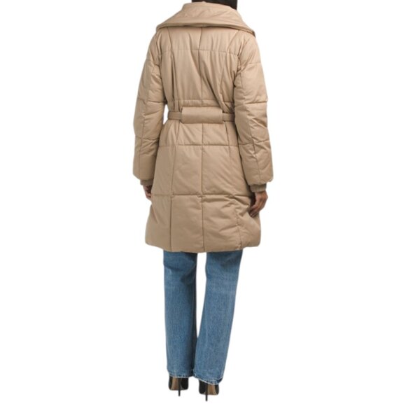 ANNE KLEIN Khaki Long Belted Stretch Puffer Jacket With Bib - Picture 2 of 3
